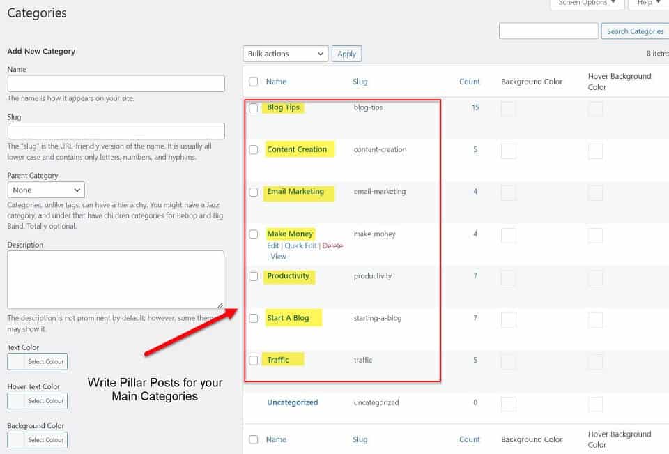 write pillar posts for your blog category topics