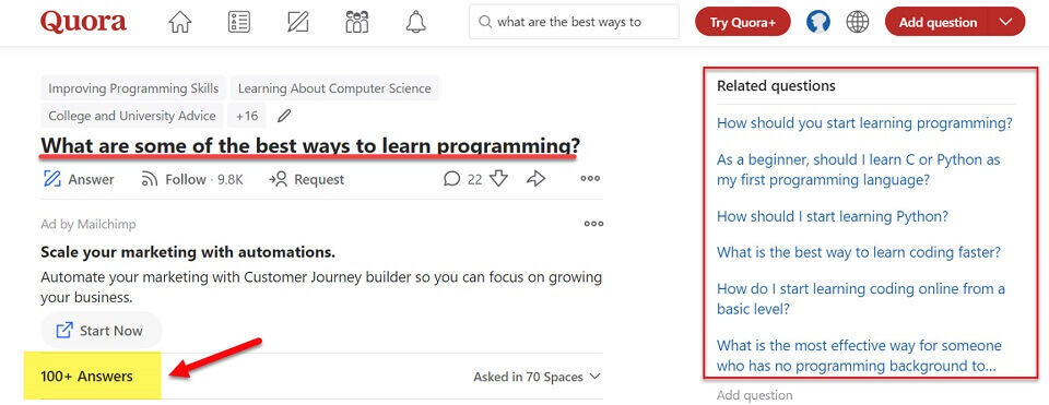 answers and related questions in Quora