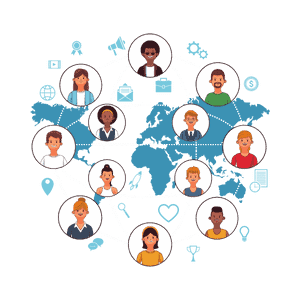 lots of faces placed around the world with social, email and other icons for connection