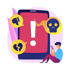 man sitting with his phone and a broken heart, thumbs down and skull