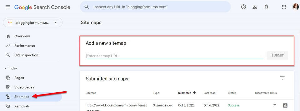 adding a sitemap manually to google search console