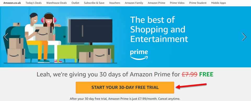 Amazon Prime Free 30 day trial CTA