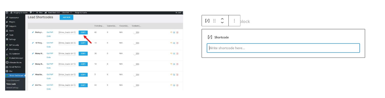 copy the shortcode in thrives leads to add to shortcode block