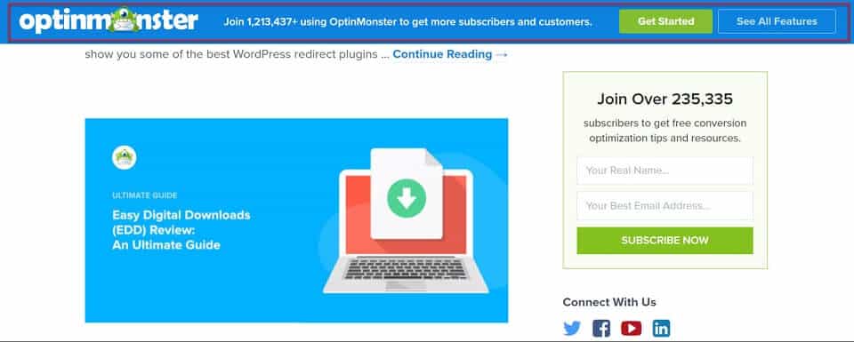 OptinMonster sticky header CTA example