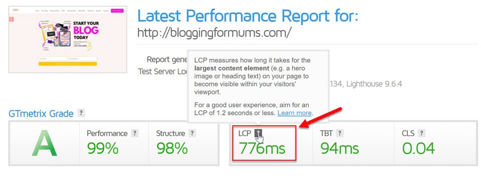 GT Metrix results for blog