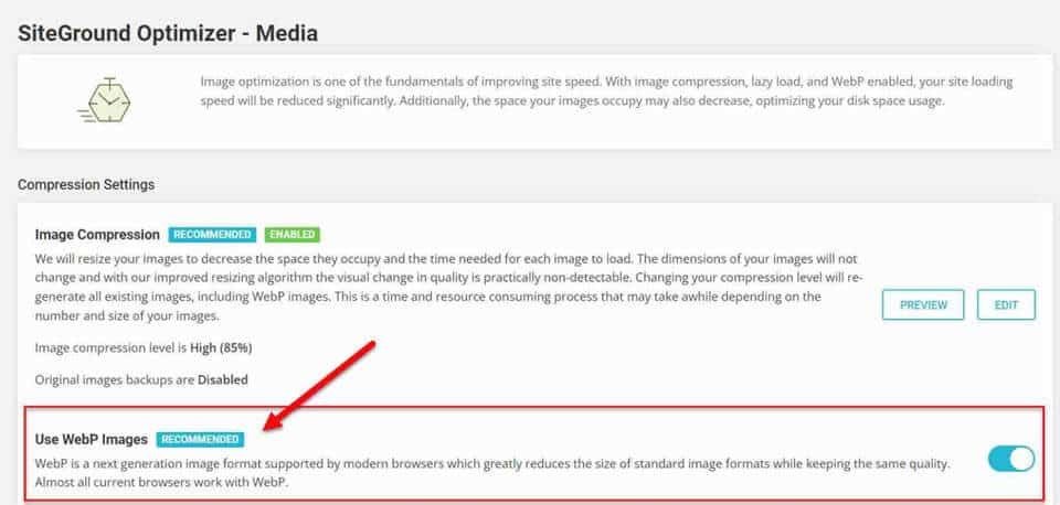 WebP image format using SiteGround plugin.