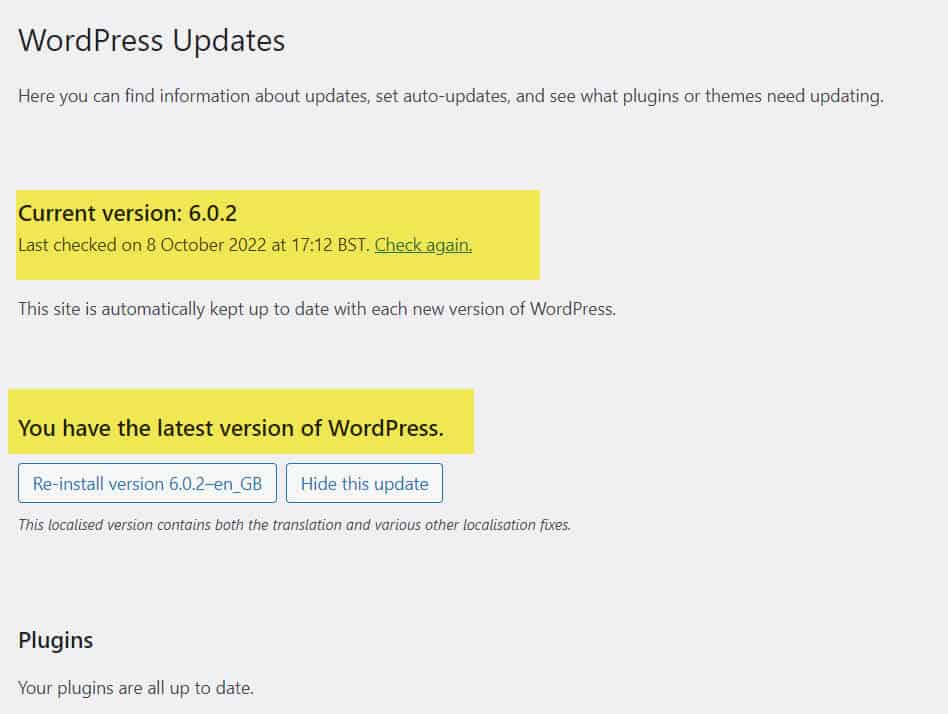 latest version of WordPress installed on your site