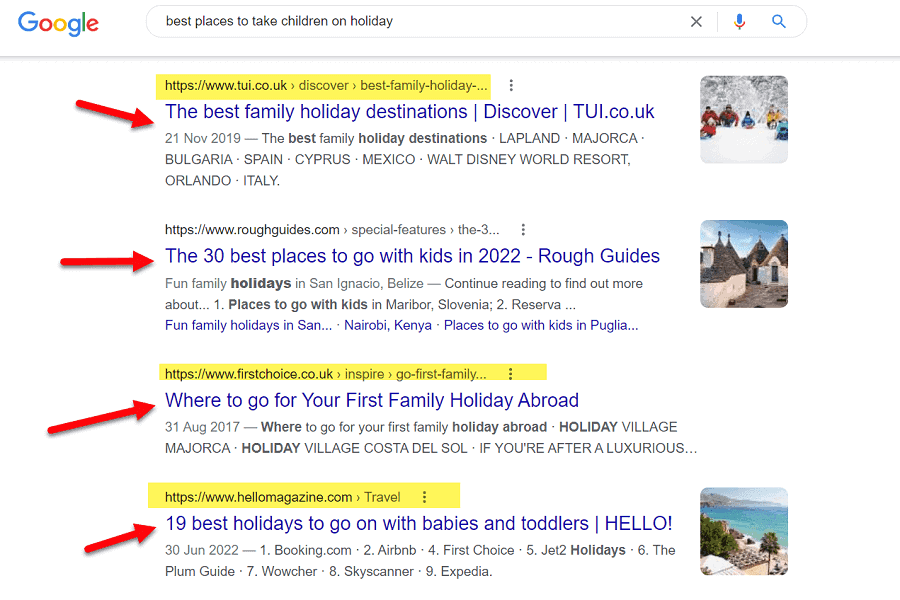 more search terms on page 1 of Google for searching holidays with children