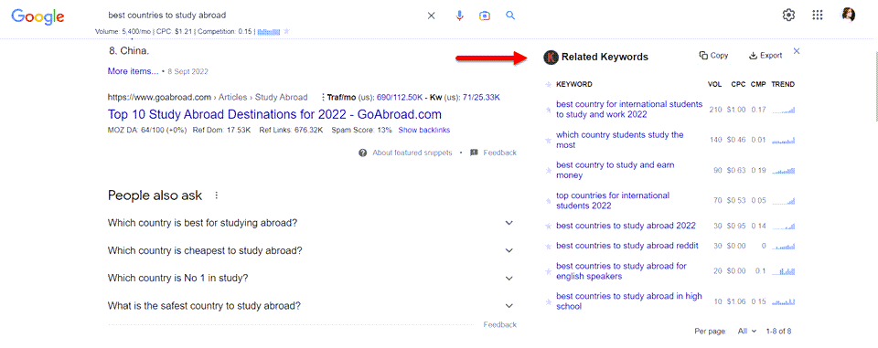 other keyword info to the right of search results