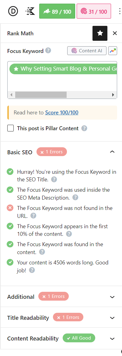 Using RankMath SEO Plugin within post editor