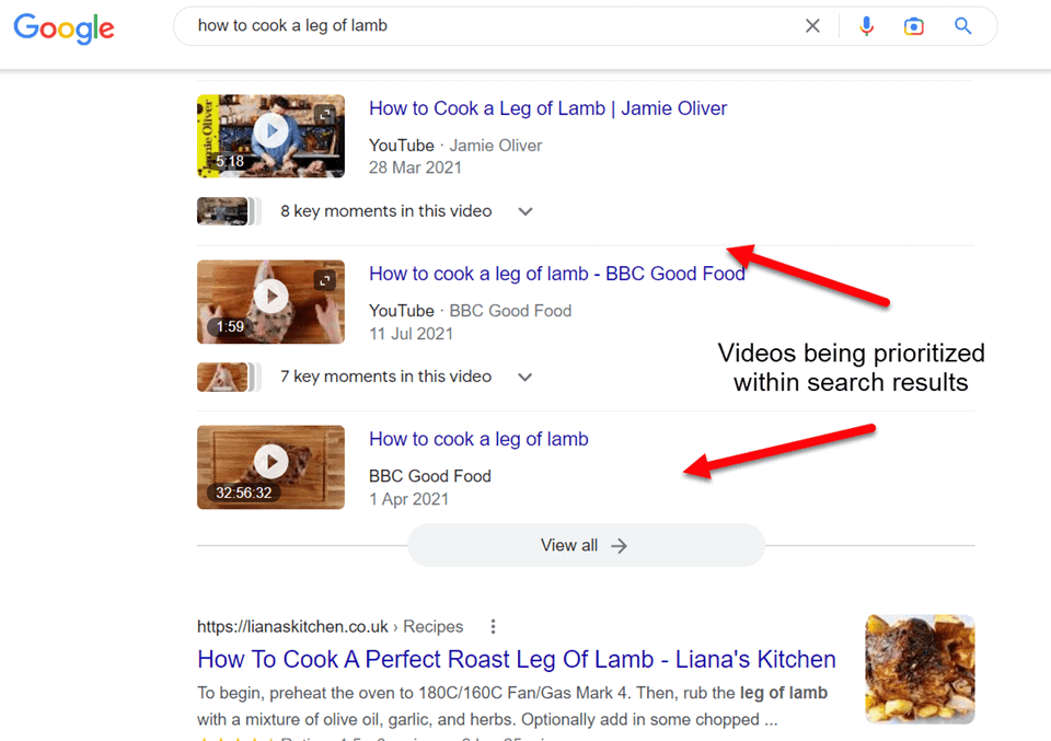 videos being prioritised in google search results