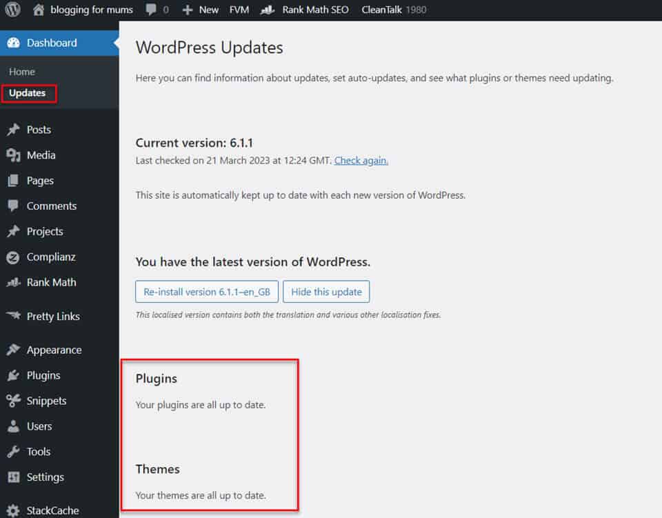 wordpress updates in dashboard