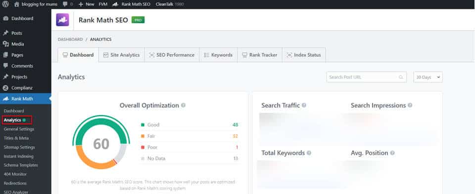 using RankMath Pro for analytics within dashboard