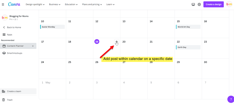 schedule post from within specific date on canva content calendar