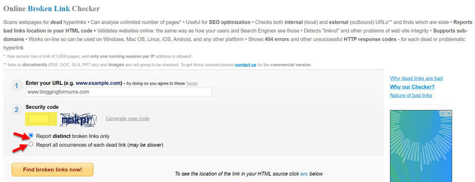 broken link checker enter security code and choose an option