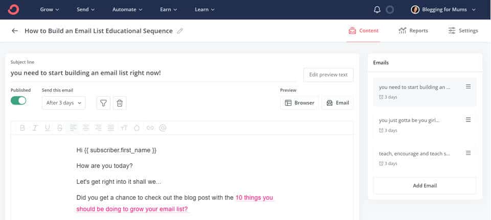 setting up email sequences within Convertkit