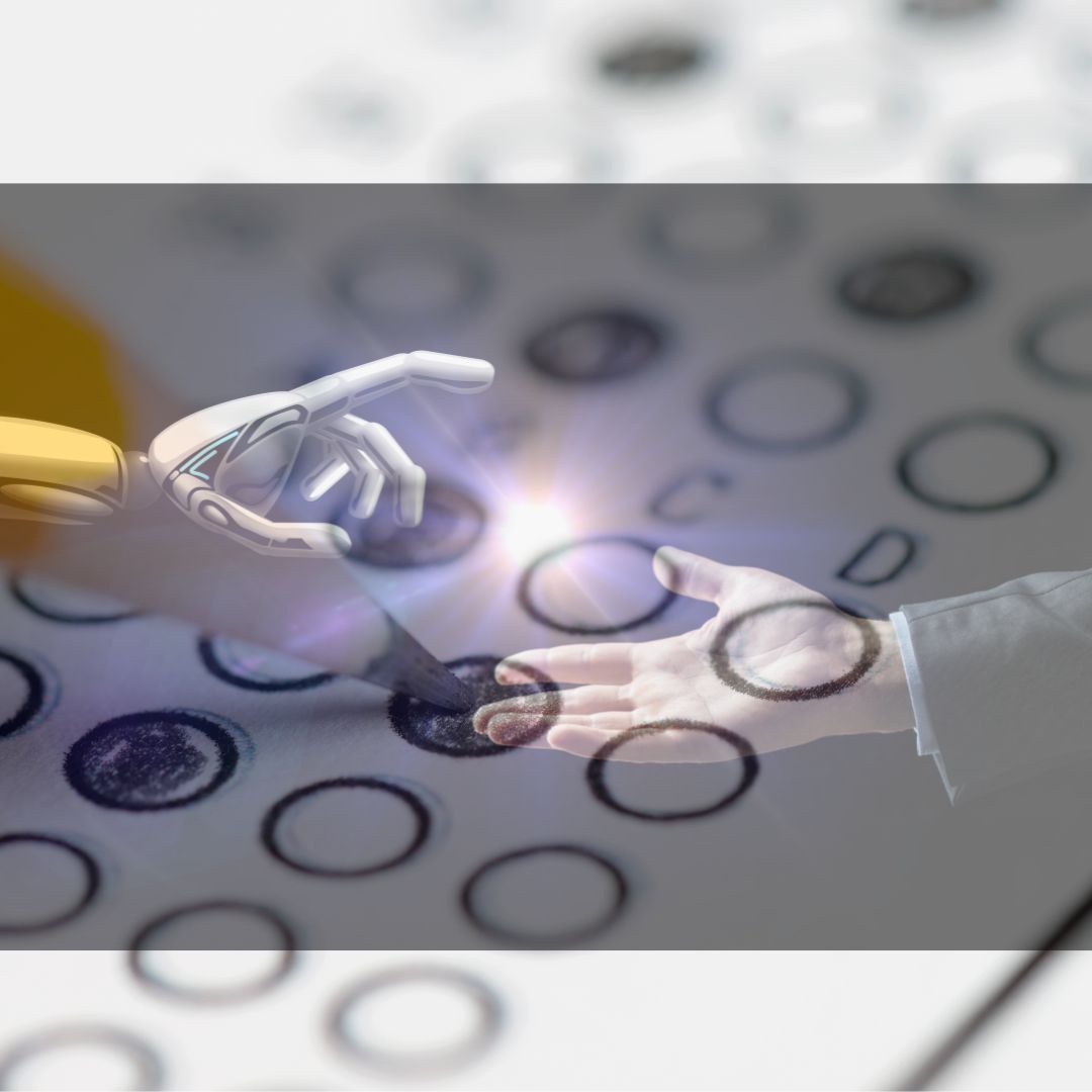 Image of robot and human hand reaching out for each other above a multiple choice sheet