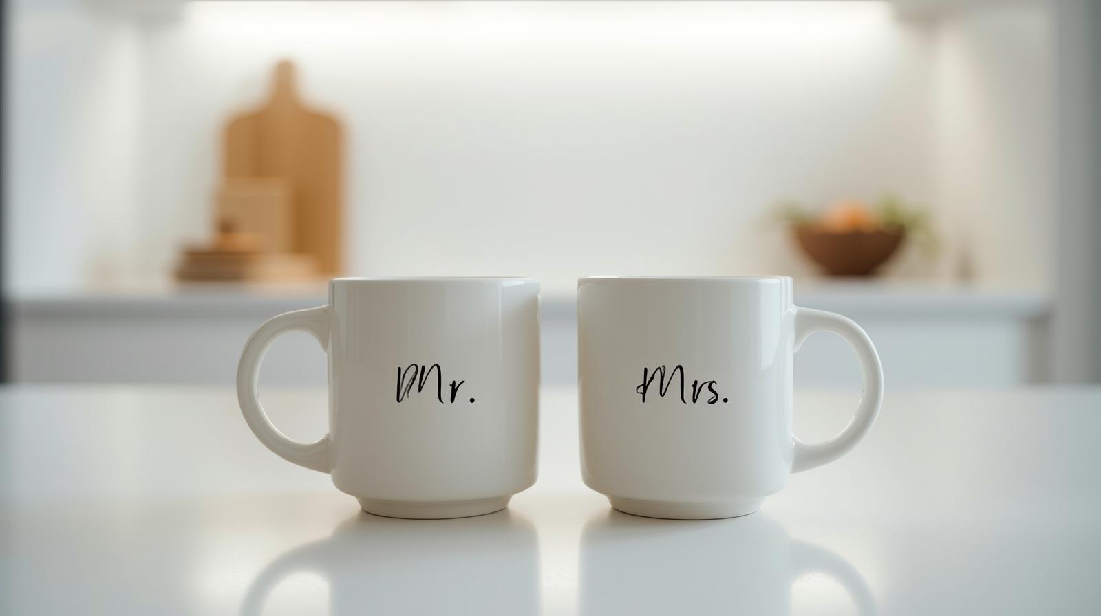 Mr. and Mrs. Coffee mugs sitting on a brightly lit kitchen counter.