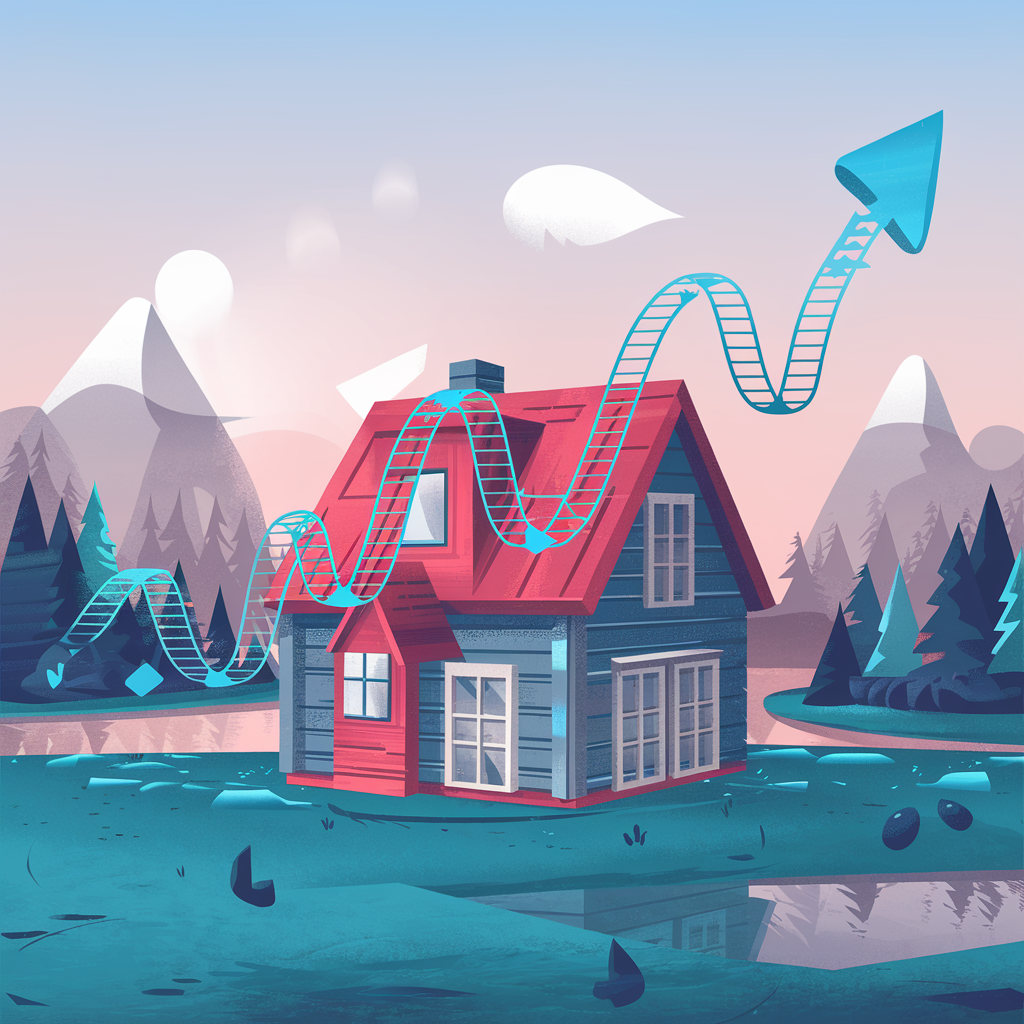 A digital illustration of a house with fluctuating graphs representing interest rate changes. A digital illustration of a house with fluctuating graphs representing interest rate changes.