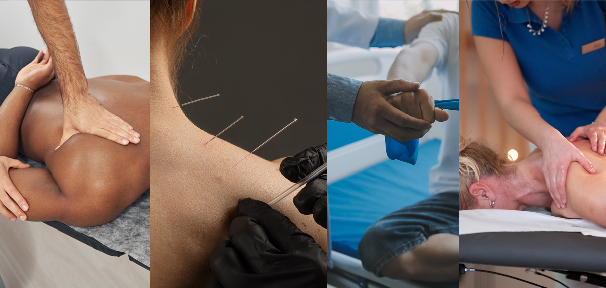 Collage of different techniques being used to help with shoulder pain