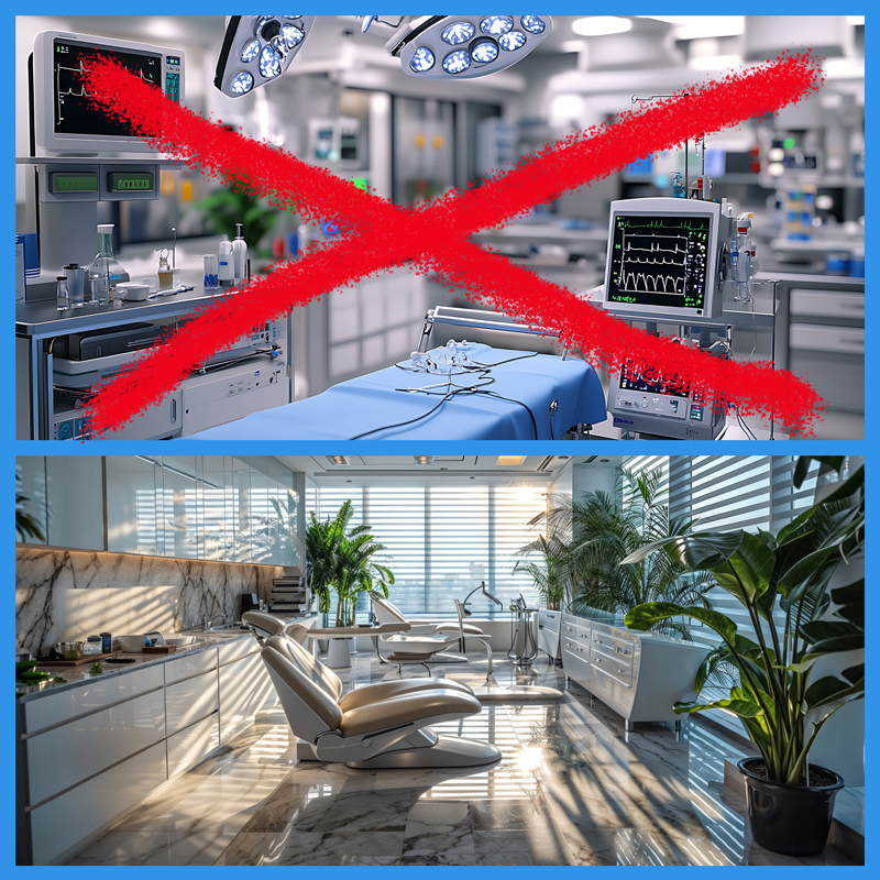 A top and bottom comparison image: one side showing a surgical room (with a red X over it) and the other showing a clean, modern clinic room with a patient relaxing on a treatment table.