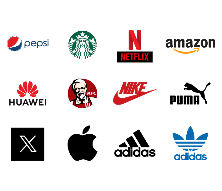 Collection of well-known brand logos featuring Pepsi, Starbucks, Netflix, Amazon, Huawei, KFC, Nike, X, and Adidas on a white background. Collection of well-known brand logos featuring Pepsi, Starbucks, Netflix, Amazon, Huawei, KFC, Nike, X, and Adidas on a white background.