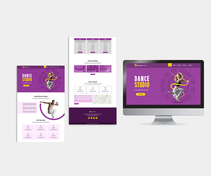 Website design mockups for a dance studio featuring a vibrant purple color scheme, images of dancers, service offerings, pricing, and contact details, displayed on a desktop screen layout. Website design mockups for a dance studio featuring a vibrant purple color scheme, images of dancers, service offerings, pricing, and contact details, displayed on a desktop screen layout.