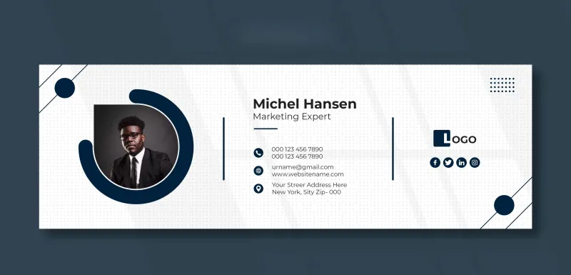 A sleek white-and-navy email signature for ‘Michel Hansen, Marketing Expert,’ showcasing a circular profile image on the left, minimal contact details and social icons in the center, and a modern layout emphasizing professional branding. A sleek white-and-navy email signature for ‘Michel Hansen, Marketing Expert,’ showcasing a circular profile image on the left, minimal contact details and social icons in the center, and a modern layout emphasizing professional branding.