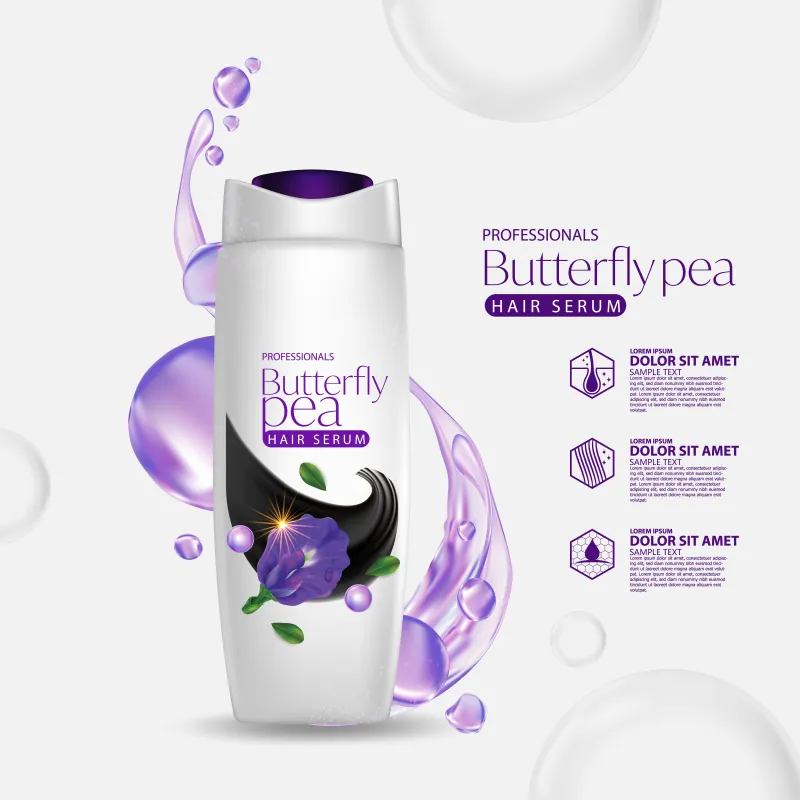 A white bottle labeled ‘Butterfly Pea Hair Serum’ adorned with purple flower graphics and swirling droplets, illustrating a creative product packaging design concept A white bottle labeled ‘Butterfly Pea Hair Serum’ adorned with purple flower graphics and swirling droplets, illustrating a creative product packaging design concept