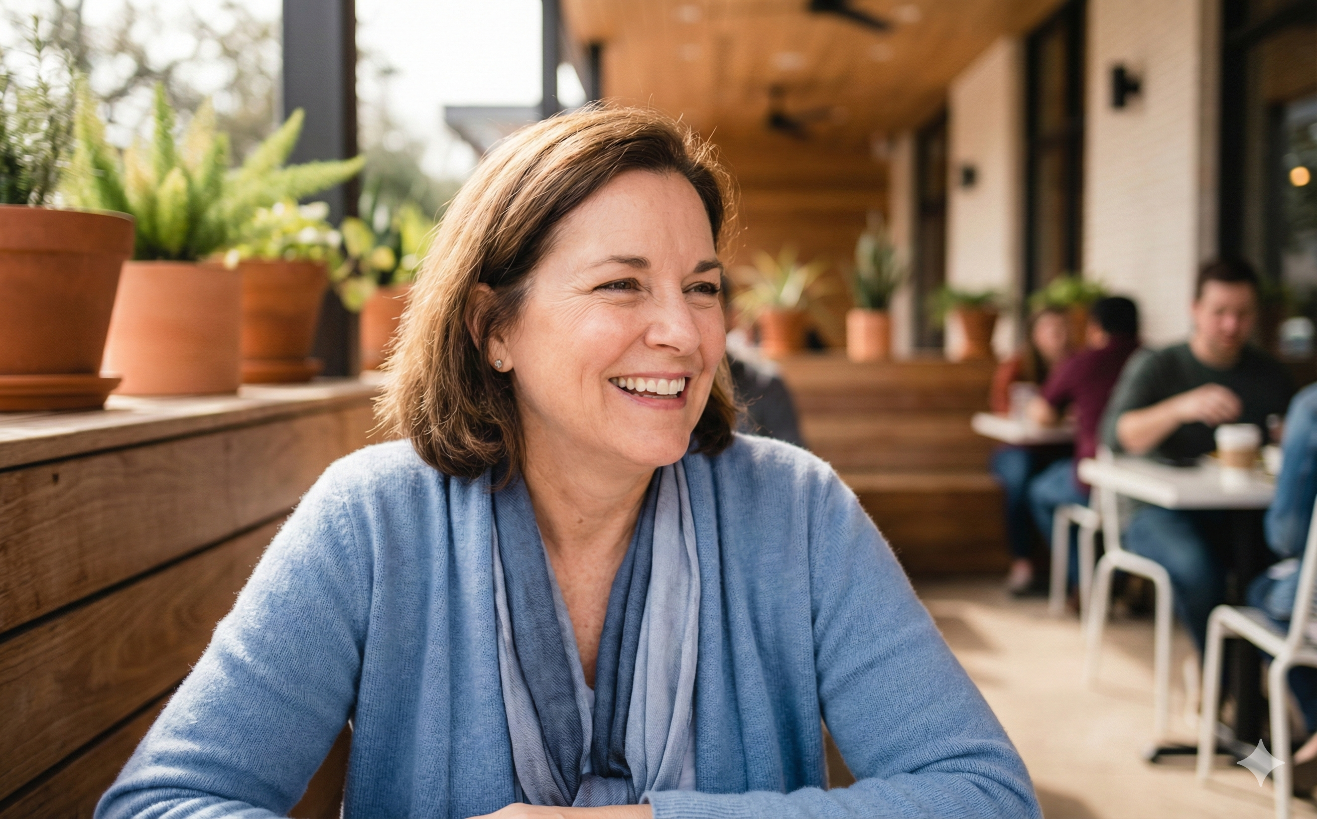 Woman smiling warmly at an outdoor cafe, representing freedom from trigeminal neuralgia