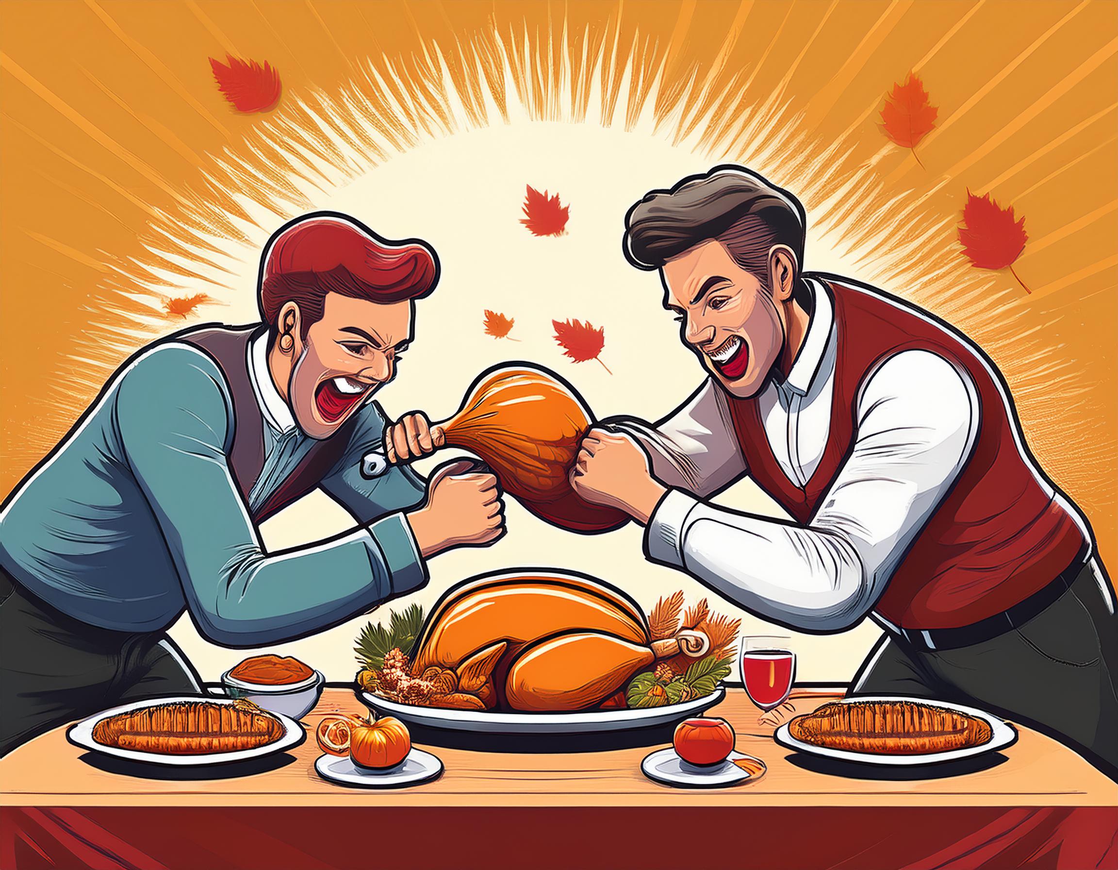 people fighting over turkey leg at thanksgiving
