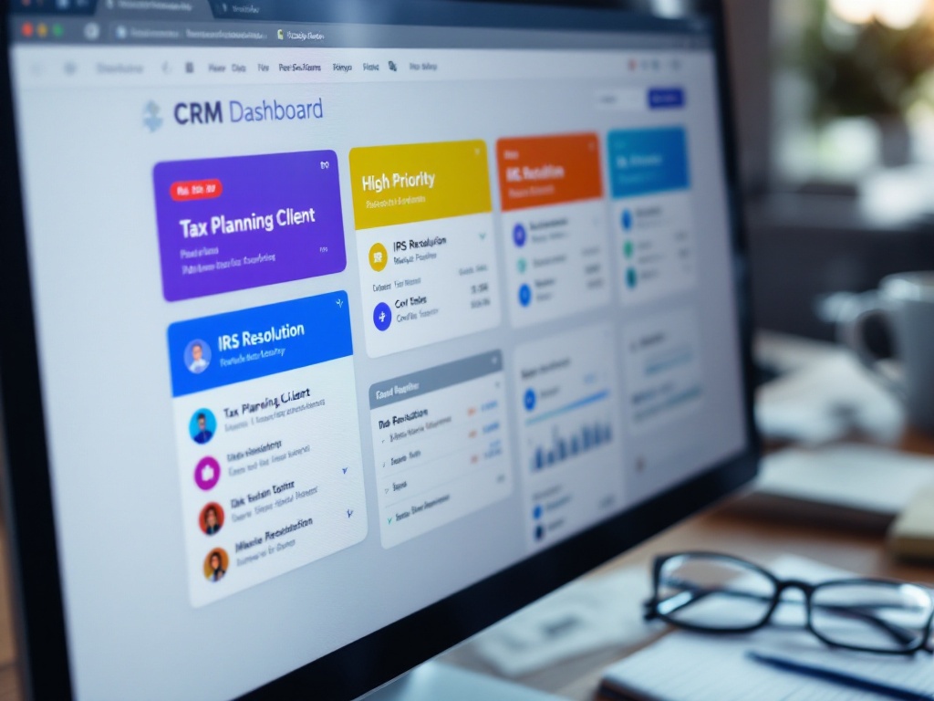 A close-up of a computer screen displaying a CRM dashboard with colorful tags like 'Tax Planning Client,' 'High Priority,' and 'IRS Resolution.' The desk includes a coffee cup, glasses, and a notepad, symbolizing organization and efficiency for tax professionals. A close-up of a computer screen displaying a CRM dashboard with colorful tags like 'Tax Planning Client,' 'High Priority,' and 'IRS Resolution.' The desk includes a coffee cup, glasses, and a notepad, symbolizing organization and efficiency for tax professionals.