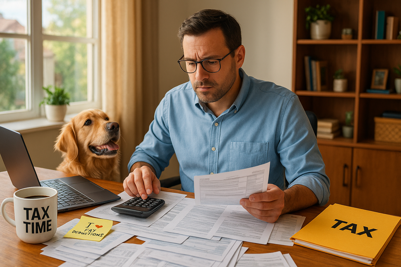A tired tax professional sits at a cluttered desk with tax documents, a laptop, and a calculator, while a golden retriever sits supportively nearby in a bright home office—symbolizing the stress of tax season and the need for post-season recovery. A tired tax professional sits at a cluttered desk with tax documents, a laptop, and a calculator, while a golden retriever sits supportively nearby in a bright home office—symbolizing the stress of tax season and the need for post-season recovery.