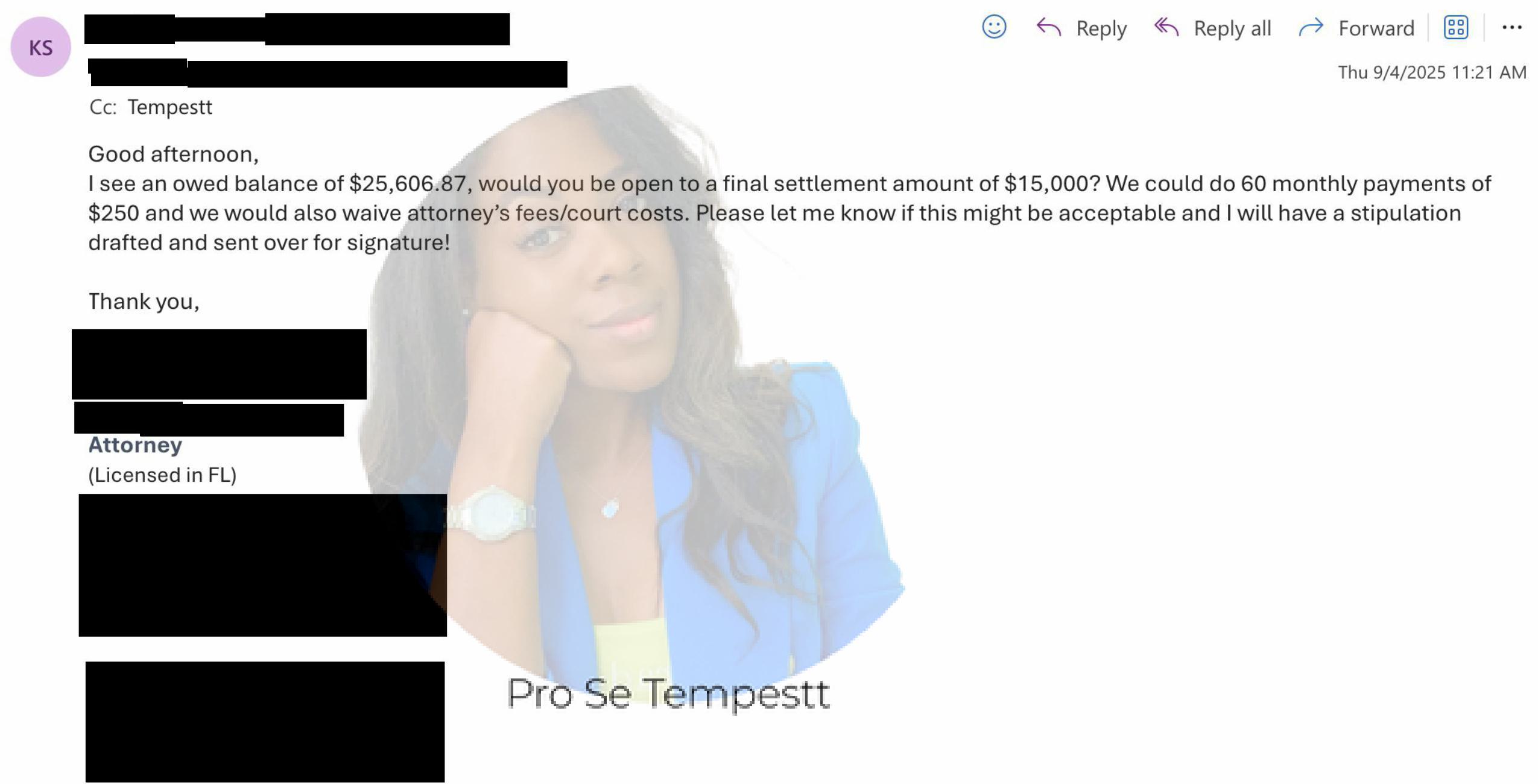 ettlement email from creditor’s attorney proposing to reduce a $25,606 judgment to $15,000