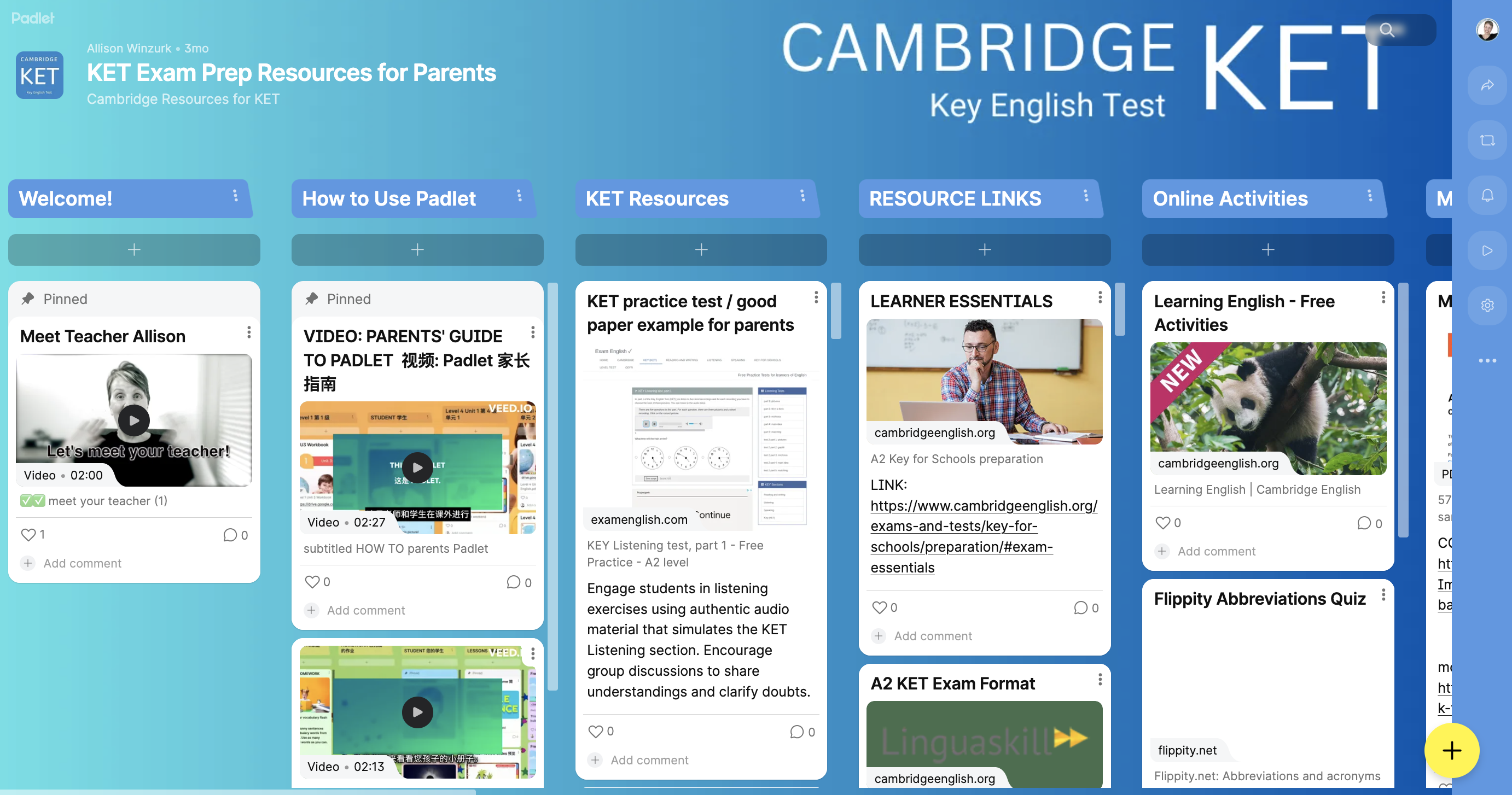 view of padlet used for cambridge KET online test prep view of padlet used for cambridge KET online test prep