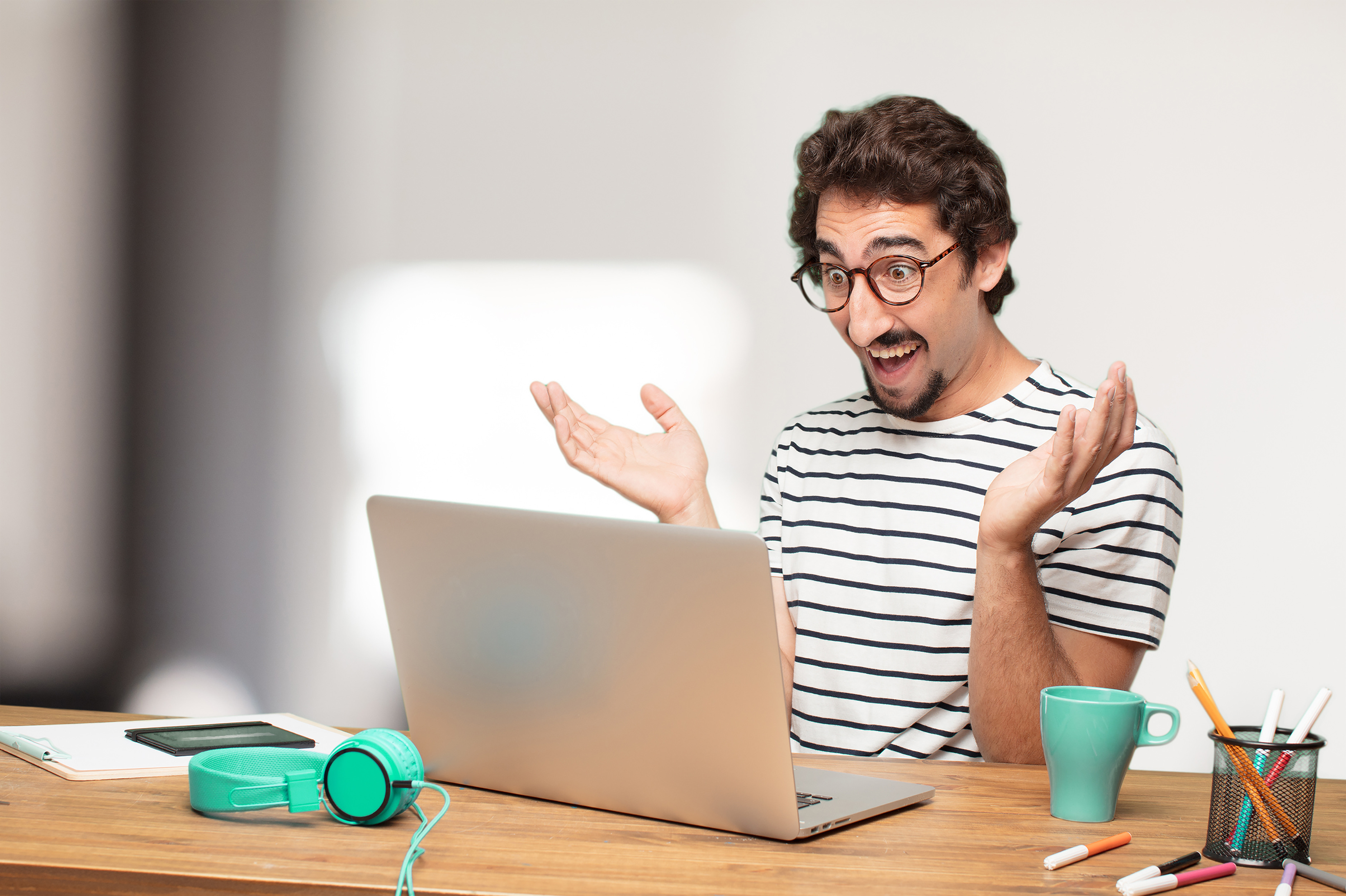 excited man reading chat gpt for ideas to get online ESL students excited man reading chat gpt for ideas to get online ESL students