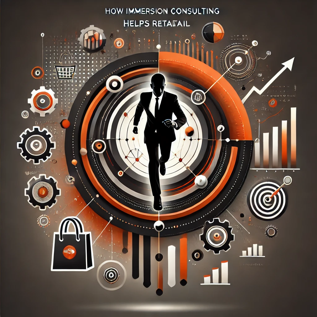 The design now features a dynamic consultant figure interacting with retail elements like shopping bags, gears, charts, and upward arrows, symbolizing strategy, growth, and transformation. The circular layers reflect the immersive consulting approach, highlighting the hands-on involvement in retail operations and strategy, while the bold typography emphasizes innovation and retail transformation. The design now features a dynamic consultant figure interacting with retail elements like shopping bags, gears, charts, and upward arrows, symbolizing strategy, growth, and transformation. The circular layers reflect the immersive consulting approach, highlighting the hands-on involvement in retail operations and strategy, while the bold typography emphasizes innovation and retail transformation.