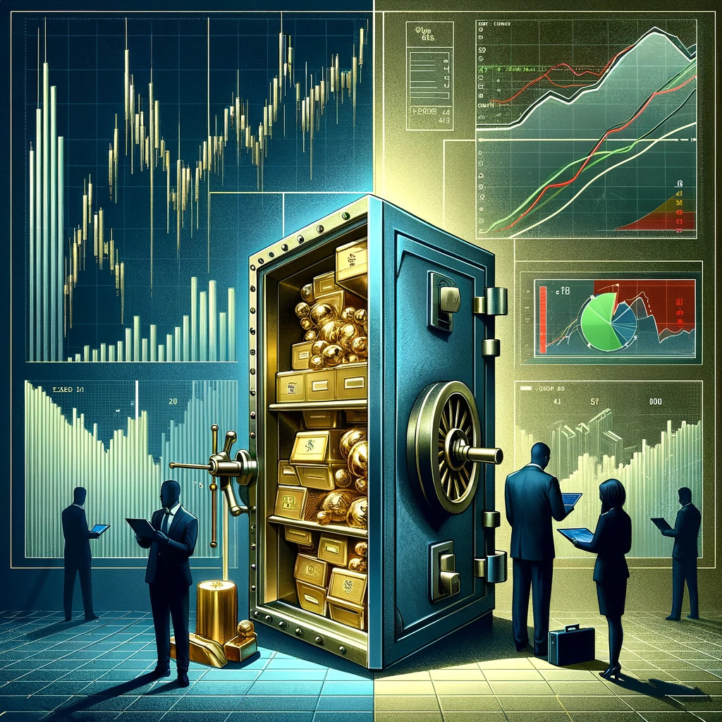  An image illustrating the concept of investor caution within the U.S. financial sector, showcasing a divided scene. On the left, a bank vault door is slightly open, revealing piles of gold bars and paper currency, symbolizing secure but guarded bank deposits. The right side presents an abstract representation of treasury futures positions, with digital screens displaying fluctuating graphs and numbers in red and green, indicating market analysis. In the center, silhouetted investors stand, contemplating their next moves with tablets and documents in hand, embodying the tension and prudence in financial decision-making. The color palette features cool blues and greens, evoking a mood of cautious optimism.