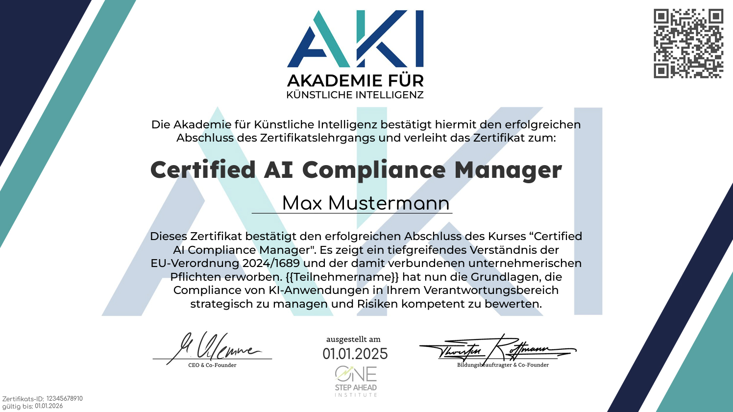Beispiel-Zertifikat des AI Act Kurses- Certified AI Compliance Manager