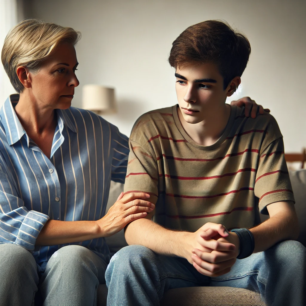 A parent and teen on a couch, both with slightly tense expressions, but the parent has their hand on the teen’s shoulder, showing connection despite tension A parent and teen on a couch, both with slightly tense expressions, but the parent has their hand on the teen’s shoulder, showing connection despite tension