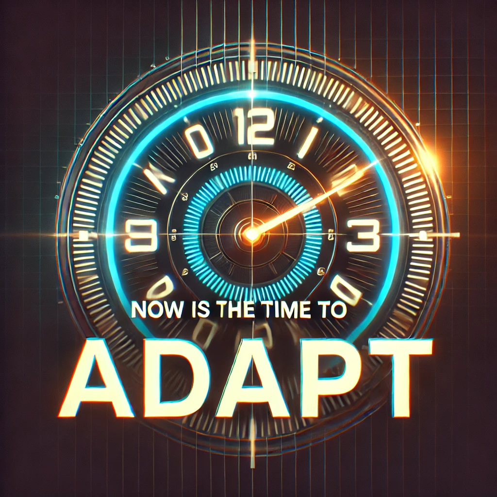 A digital clock ticking down with the words "Now is the time to adapt" overlayed on it. A digital clock ticking down with the words "Now is the time to adapt" overlayed on it.