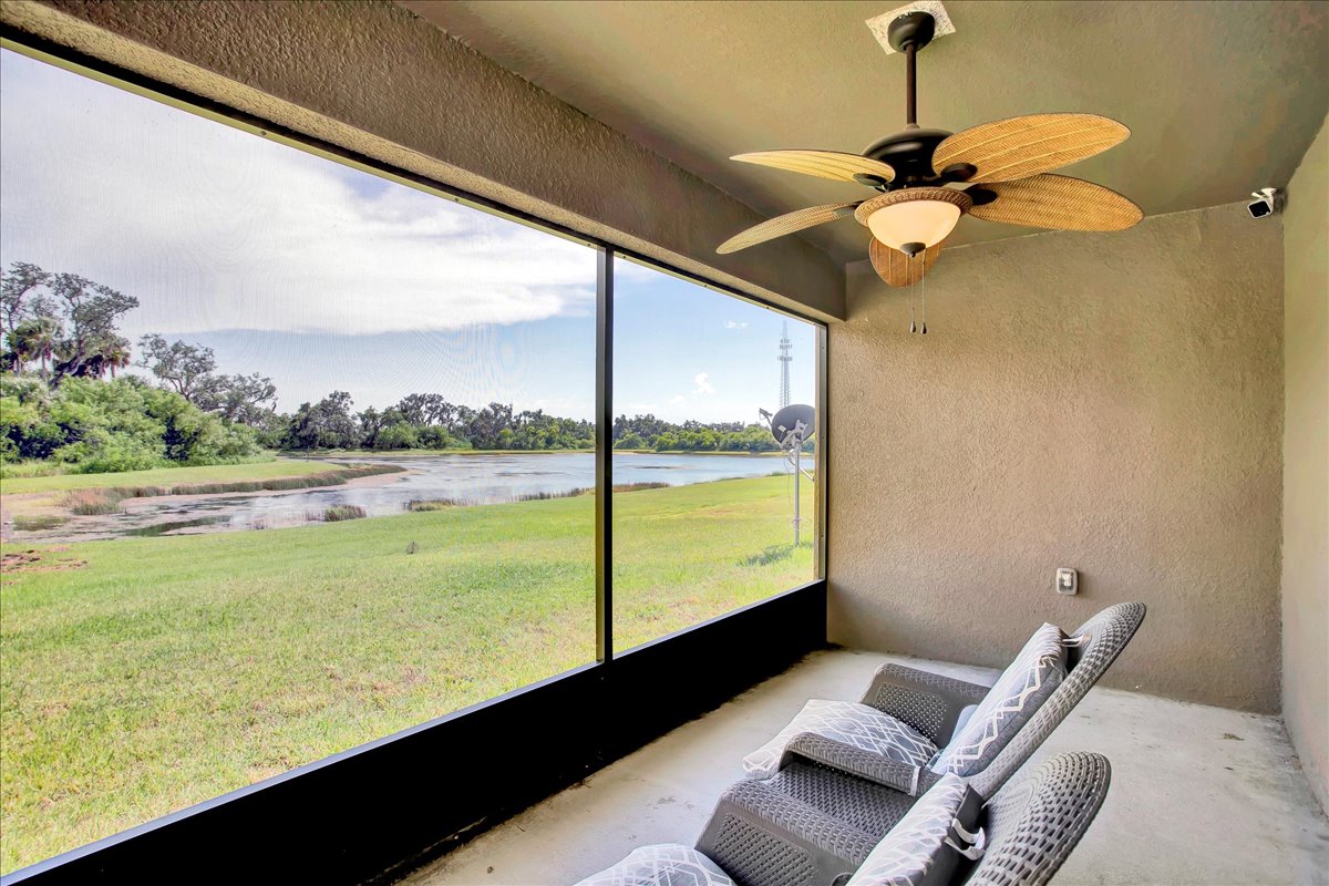 Screened lanai at 616 Chatham Walk Dr Ruskin FL with view of conservation area and community pool access