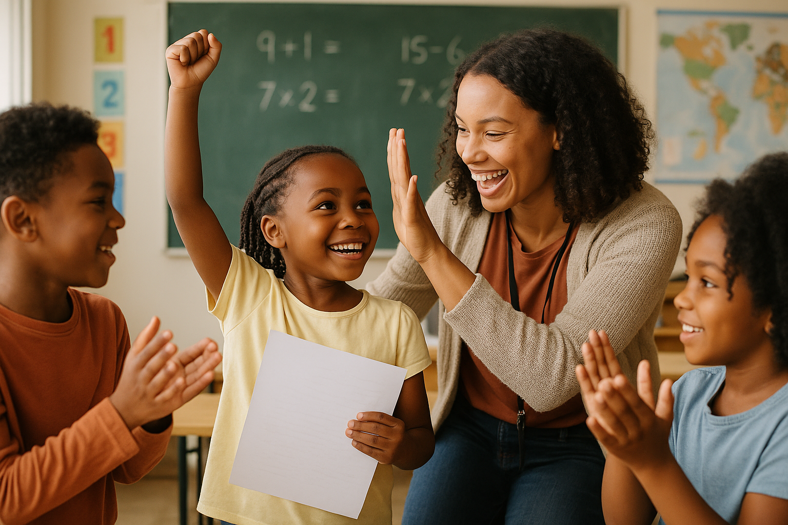 [A teacher celebrating with a young child who has successfully completed a challenging task. The child's face shows pride and confidence as classmates offer encouragement, demonstrating CVA's emphasis on building self-esteem through accomplishment. [A teacher celebrating with a young child who has successfully completed a challenging task. The child's face shows pride and confidence as classmates offer encouragement, demonstrating CVA's emphasis on building self-esteem through accomplishment.