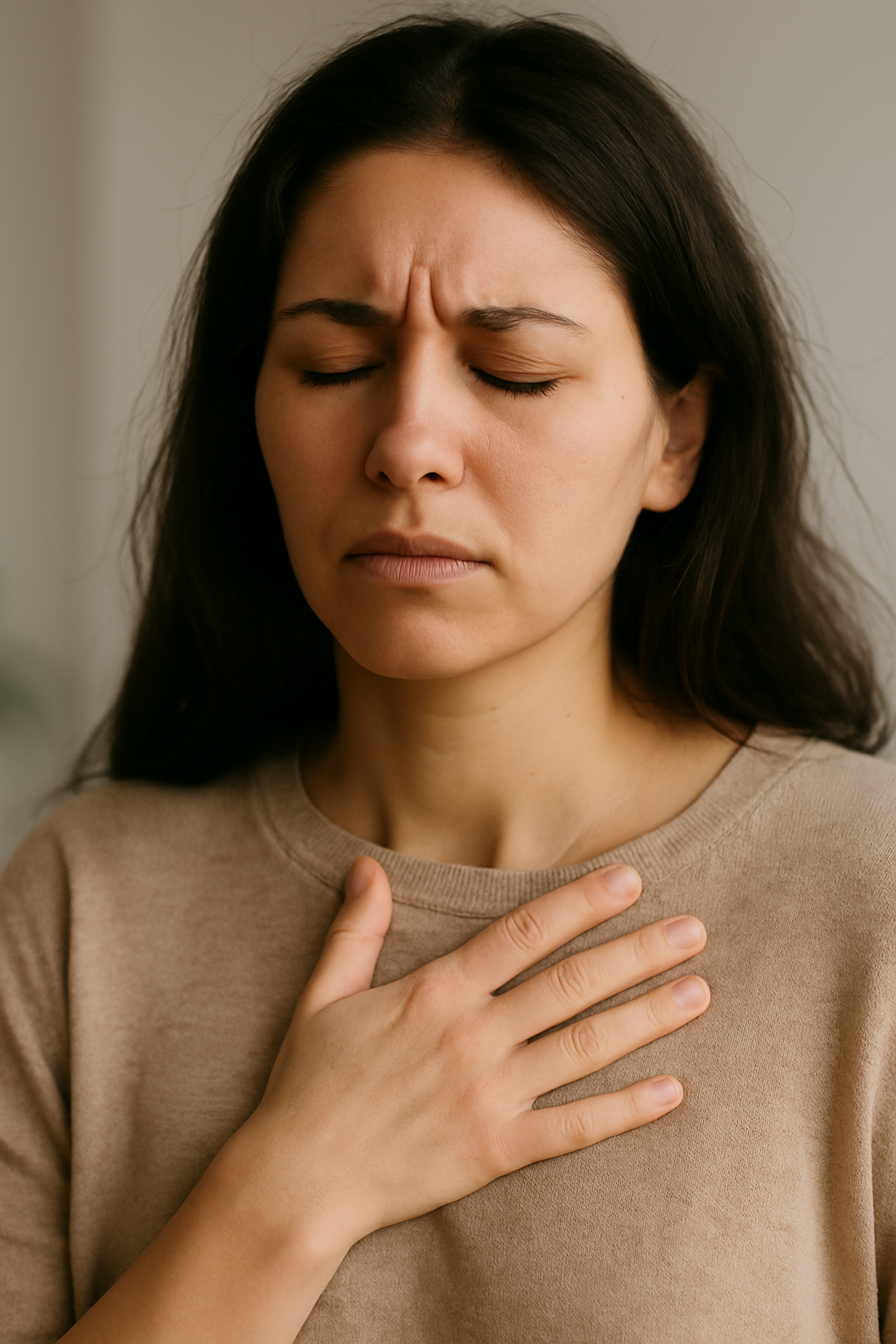 Woman holding chest in emotional pain after betrayal and divorce—physical effects of trauma Woman holding chest in emotional pain after betrayal and divorce—physical effects of trauma