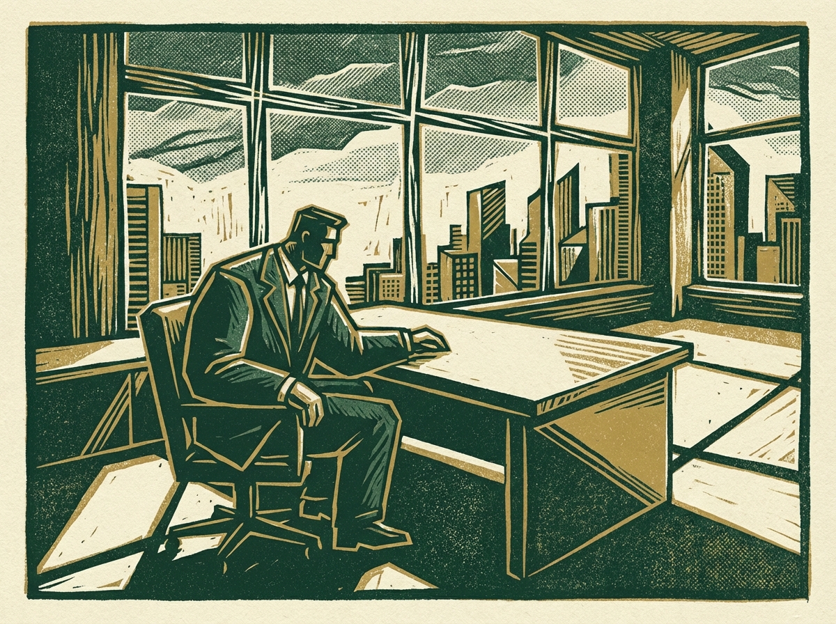 Lonely CEO looking out window reflecting on isolation and executive decision making