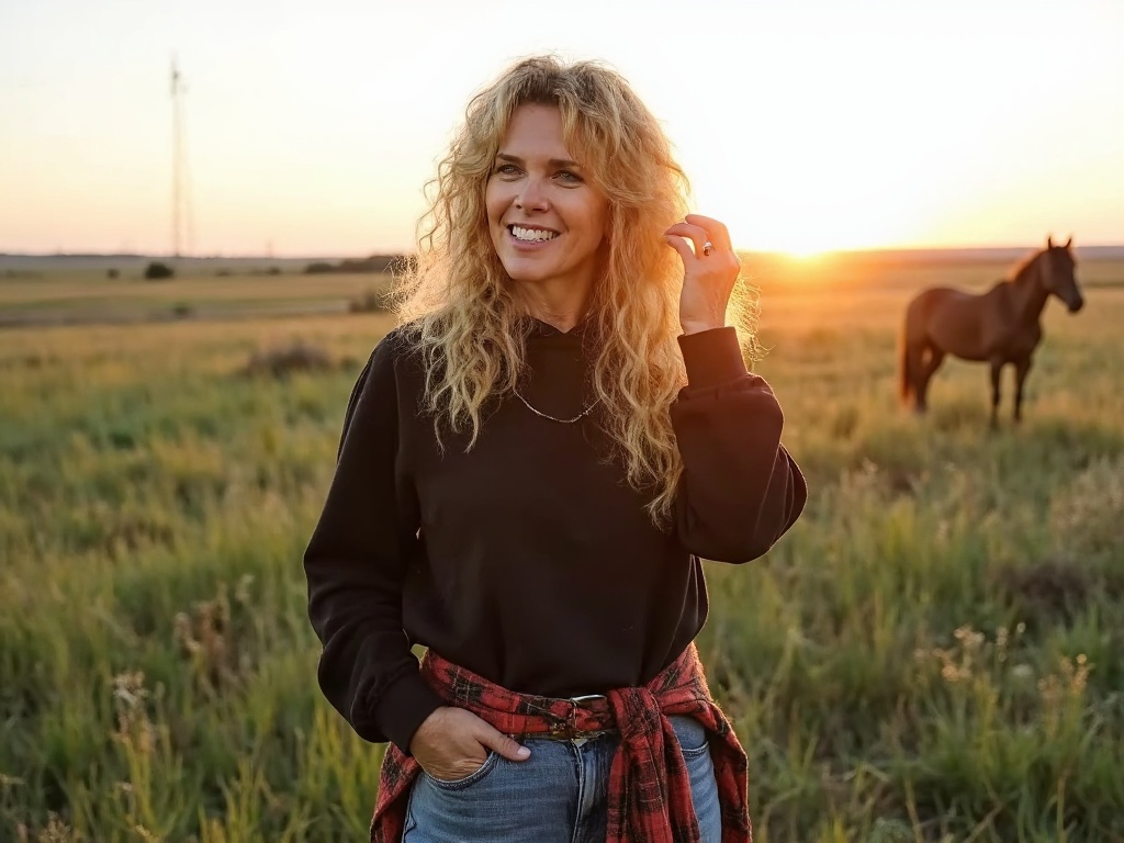 Photo of Tracy with pasture and horese in the background