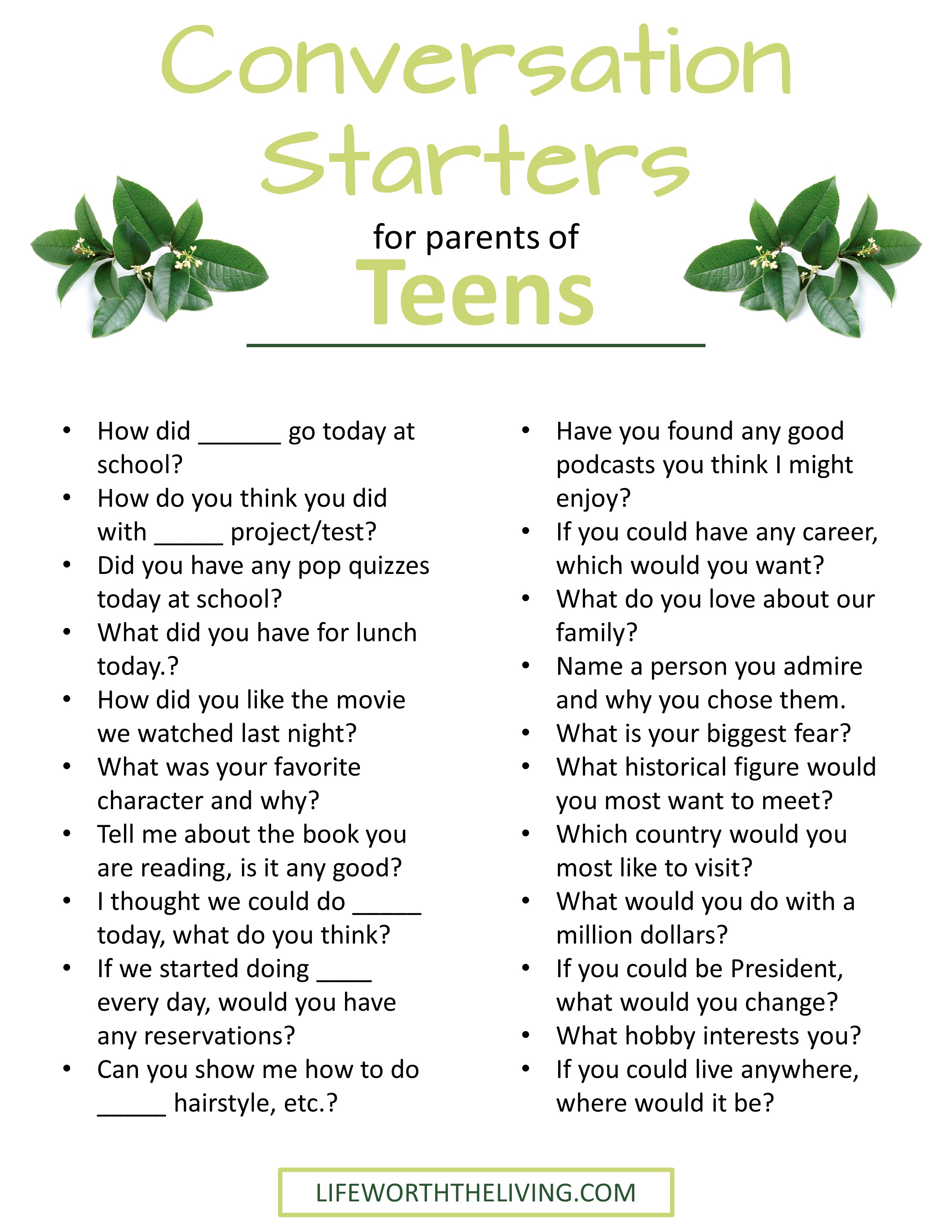 printable of Questions you can ask your teen to get them to open up and start talking