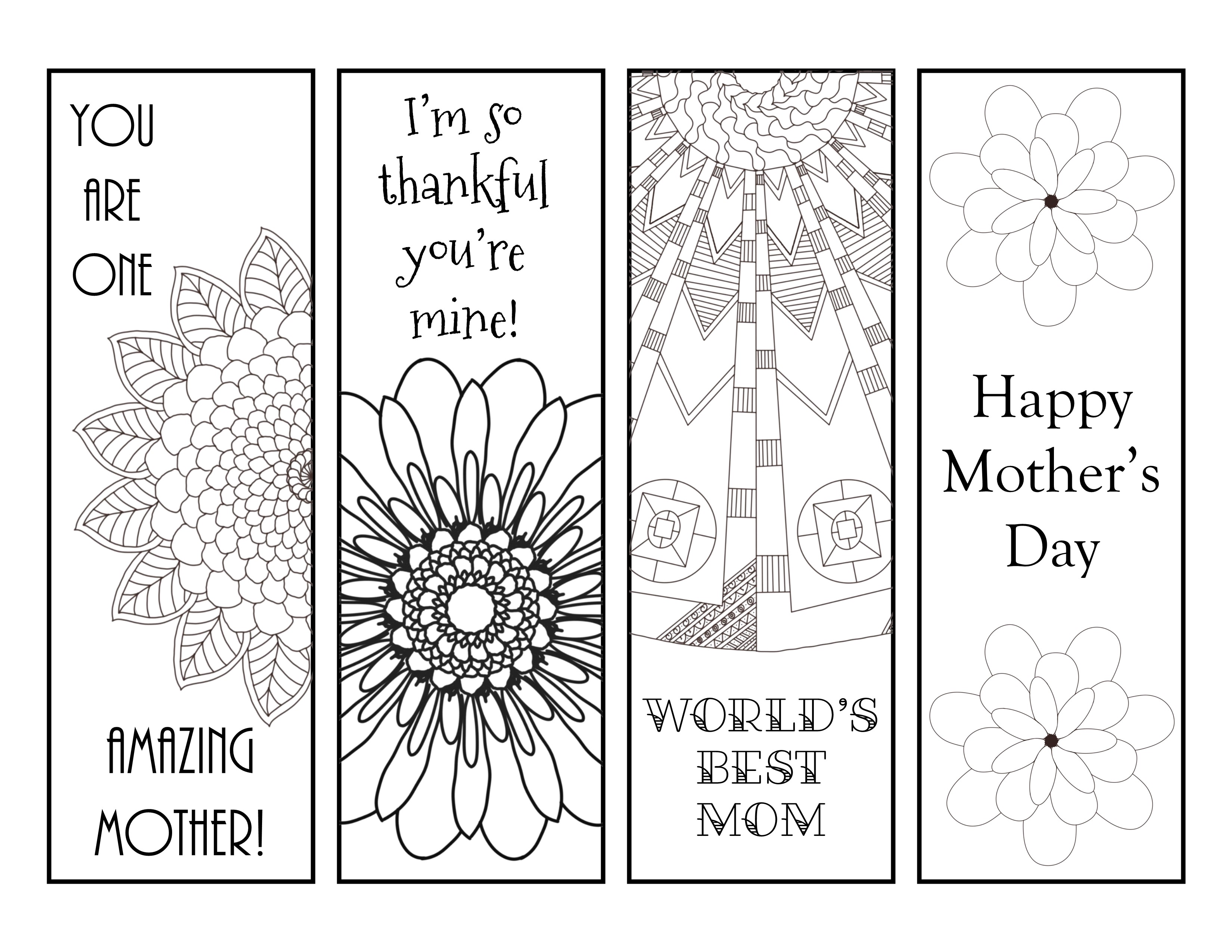 four printable Mother's Day bookmarks you can color