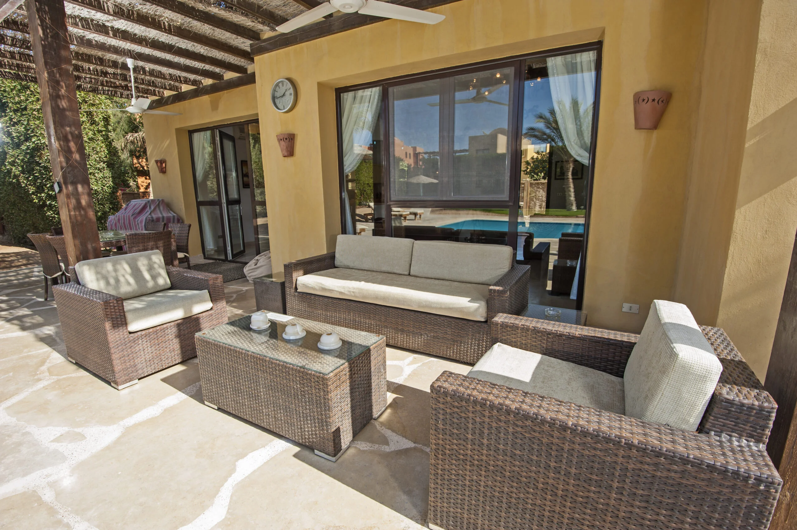 patio area showing sofa and table