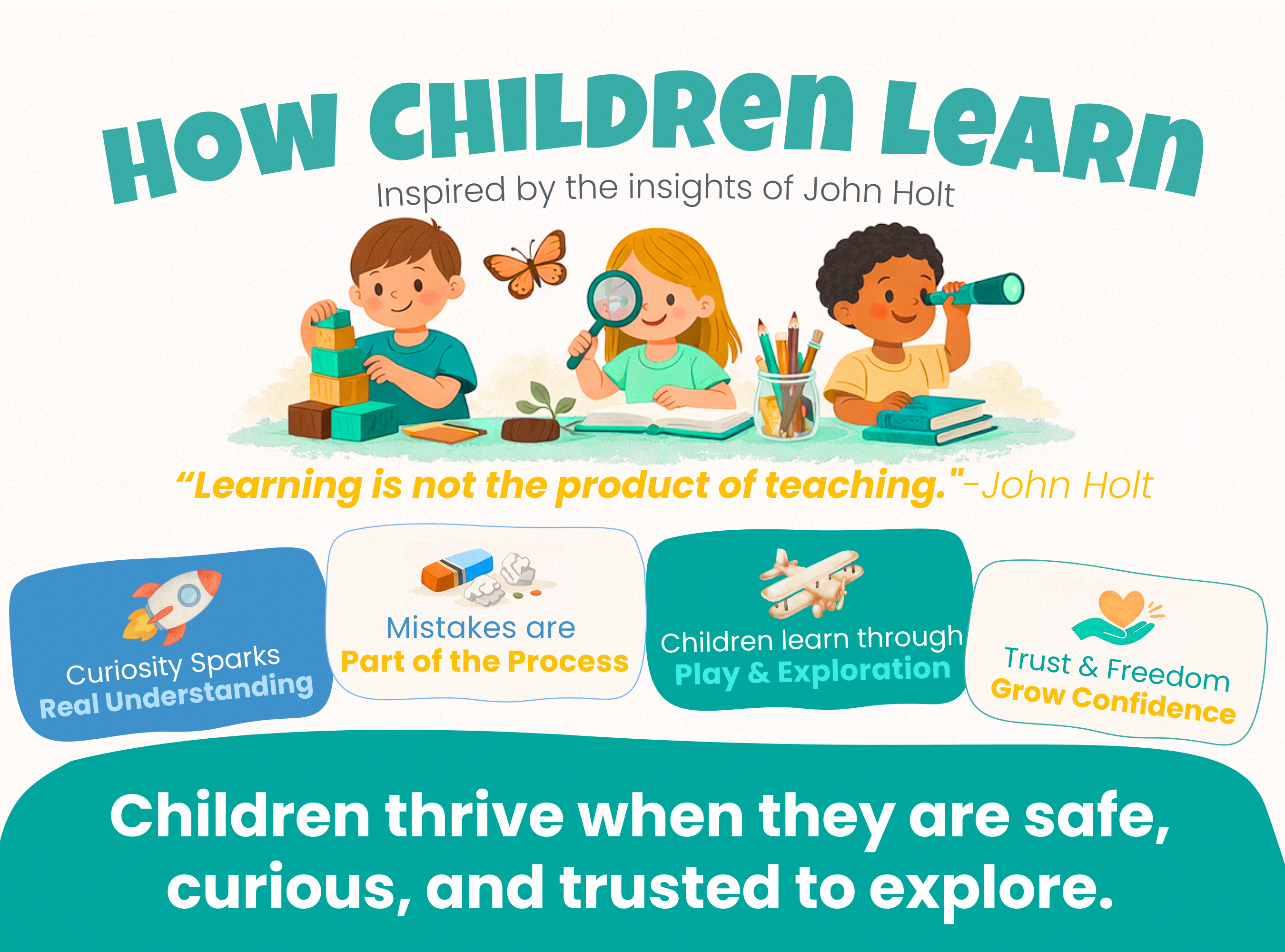 Illustration showing how children learn through play, exploration, curiosity, mistakes, and trust, inspired by John Holt’s research on natural learning.